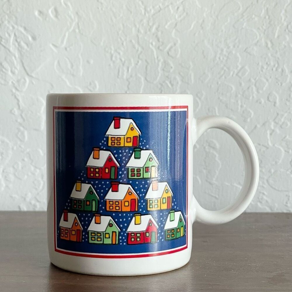 Vintage Holiday Mug 80s Christmas Snowy Village Ceramic Coffee Mug JAPAN 10 oz